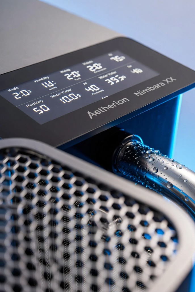 Nimbara XX control panel showing humidity, water yield, and system status